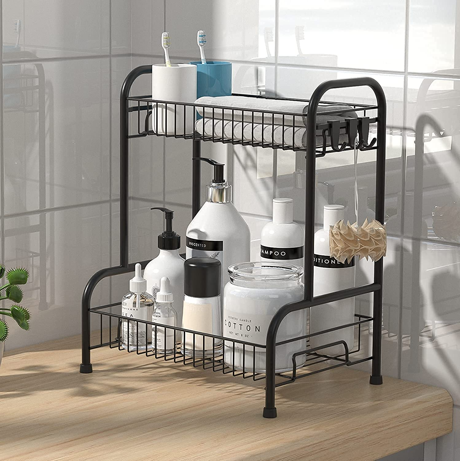Bathroom Counter Organizer Rack with Toiletries Basket,Two Tier Stainless Steel