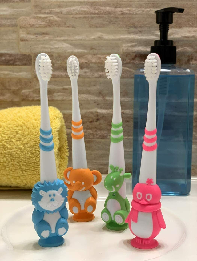 Kids Animal Toothbrush Ultra-Soft Bristles with Suction Cup Base (pack of 4)