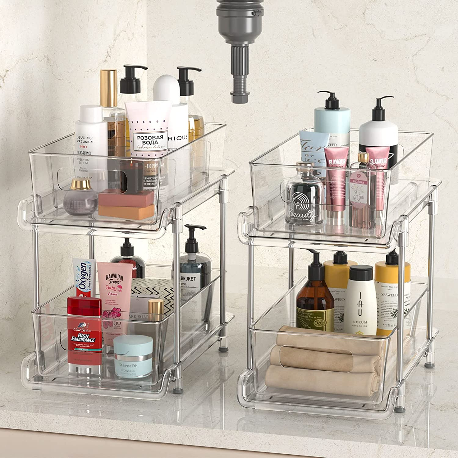 2 Tier Bathroom Storage Organizer with Dividers, Clear under Sink Organizers